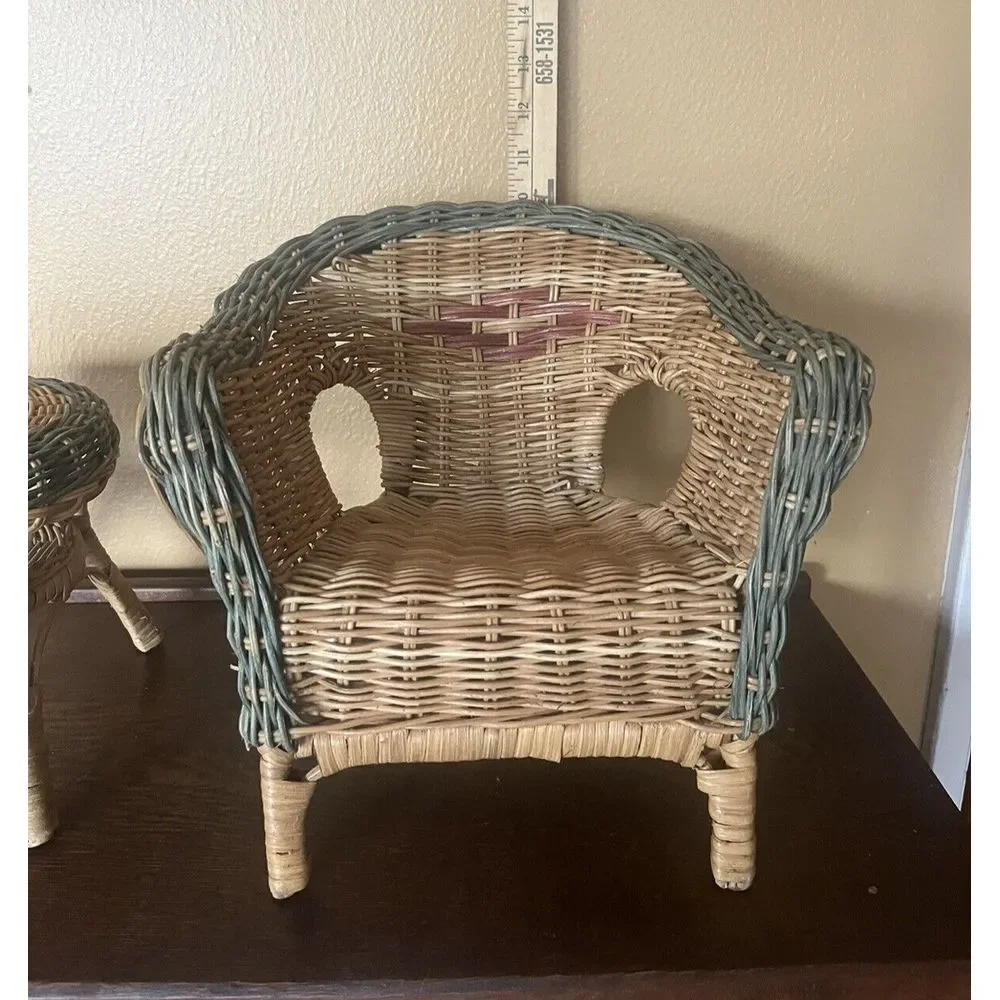 Vtg Beige Rattan Wicker Doll Rocker Cottage Style American‎ Girl Size Boho Decor